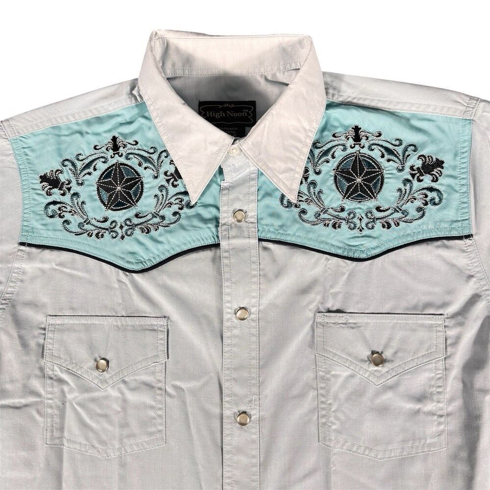 High Noon Sz M Shirt Mens Pearl Snap Western Goucho Embroidered Ranch Yoke Star